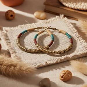 🆕 Handmade Colorblock Golden Beaded Hoops Indian Artisan Boho Chic Trendy Style